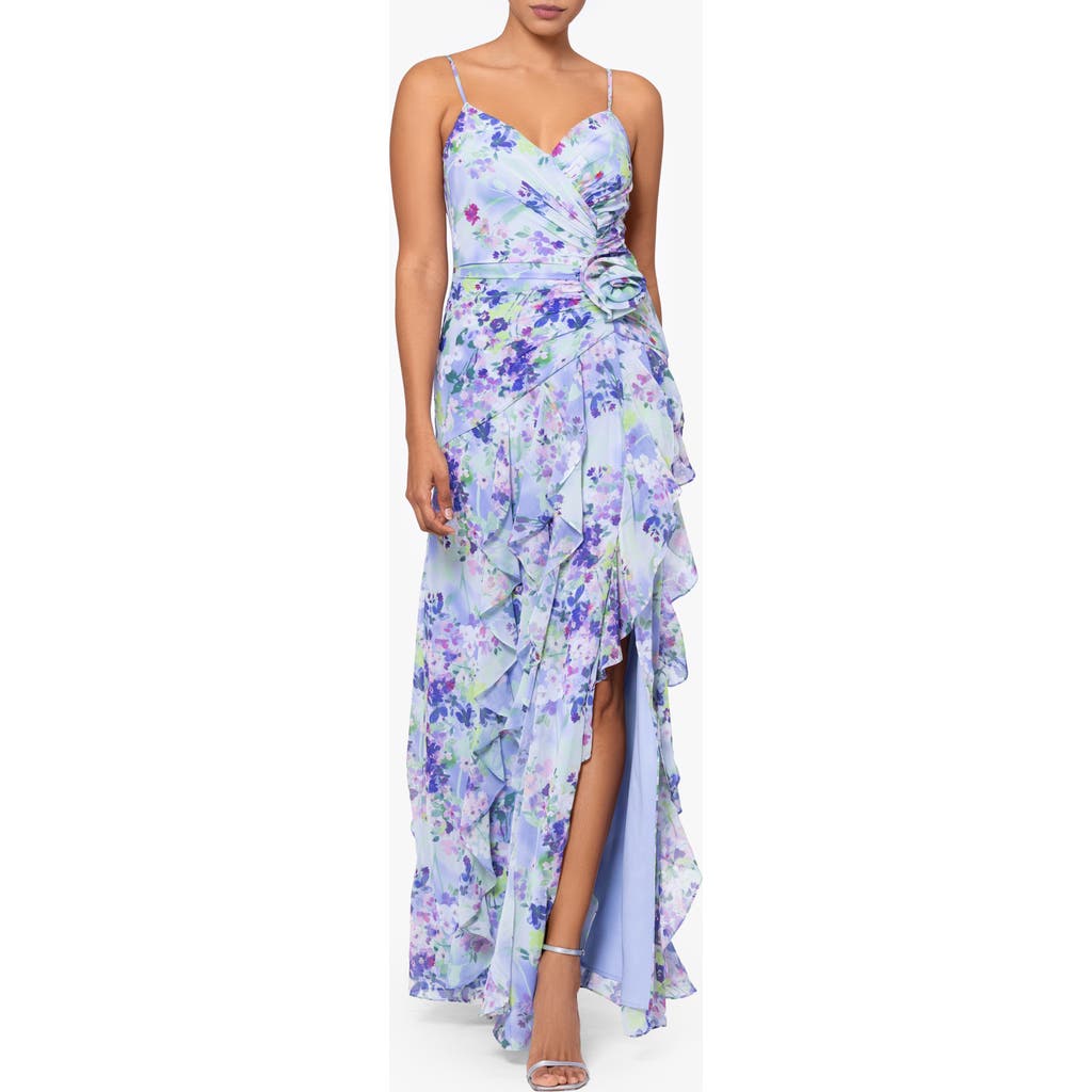 Xscape Evenings Floral Ruched Ruffle Gown In Peri/green