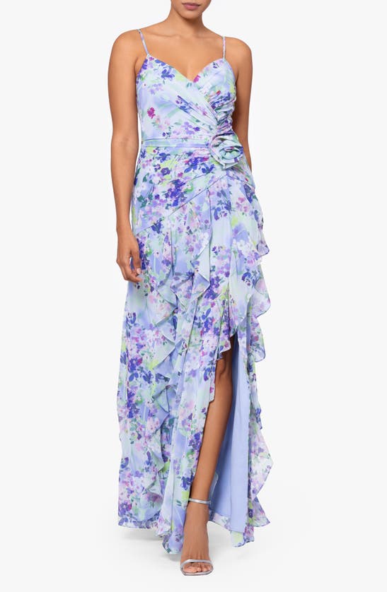 Xscape Floral Ruched Ruffle Gown In Peri/ Green