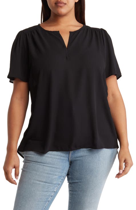 ENMAIN Womens Tops Plus Size 3/4 Sleeve Tunics V Neck Solid Black