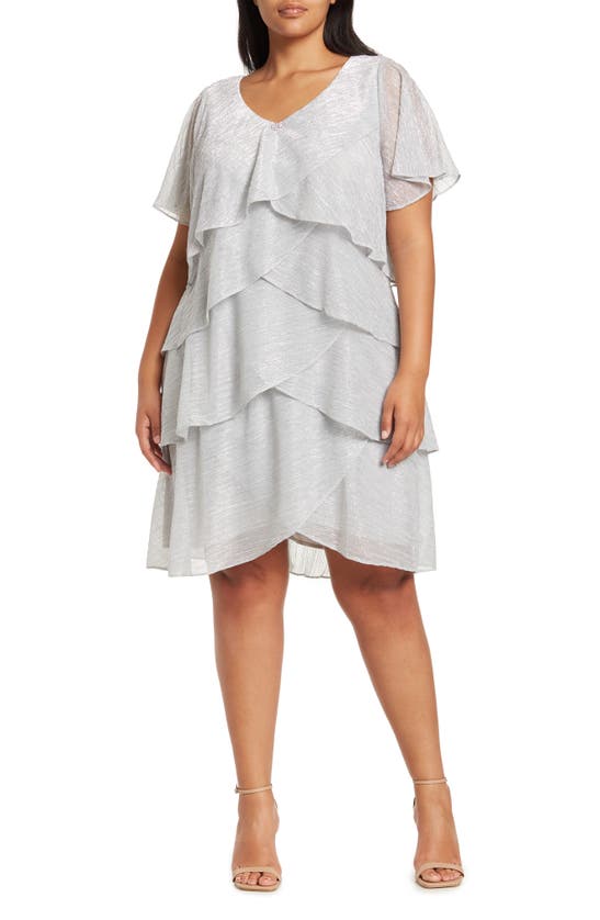 Slny Shimmer Bodre Tiered Ruffle Dress In Gray