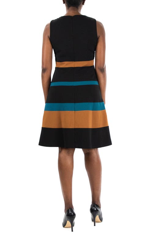 Nina Leonard Sleeveless Jewel Neck Colorblock Dress In Black/cognac/deep Dive