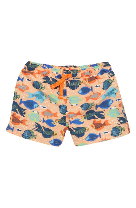 Harper Canyon Kids' Elastic Waist Swim Shorts In Orange Feather Funny Fish