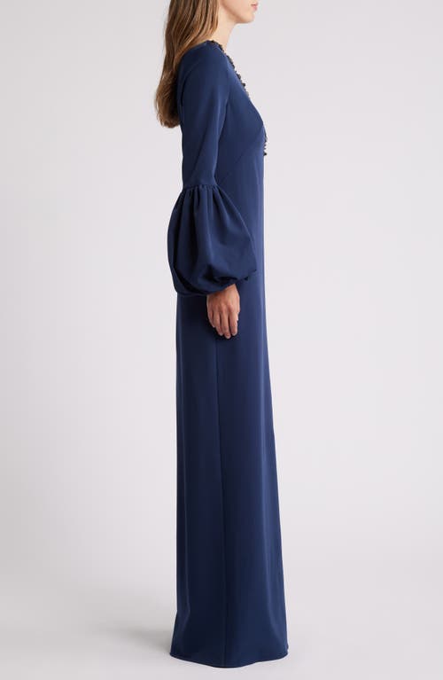 Marchesa Notte Embellished Long Sleeve Crepe Gown In Midnight