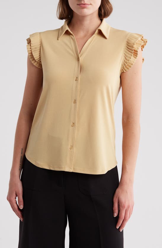 Shop Adrianna Papell Pleated Cap Sleeve Button-up Shirt In Maize