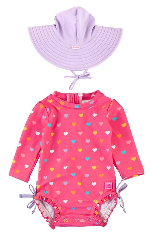 Rufflebutts Colorful Hearts One-piece Rashguard Swimsuit & Hat Set In Pink