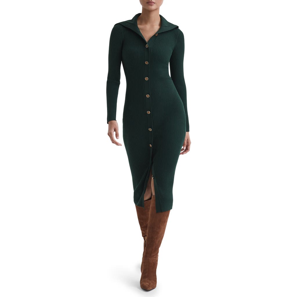 Reiss Green Maria Petite Button Through Bodycon Midi Dress In Green