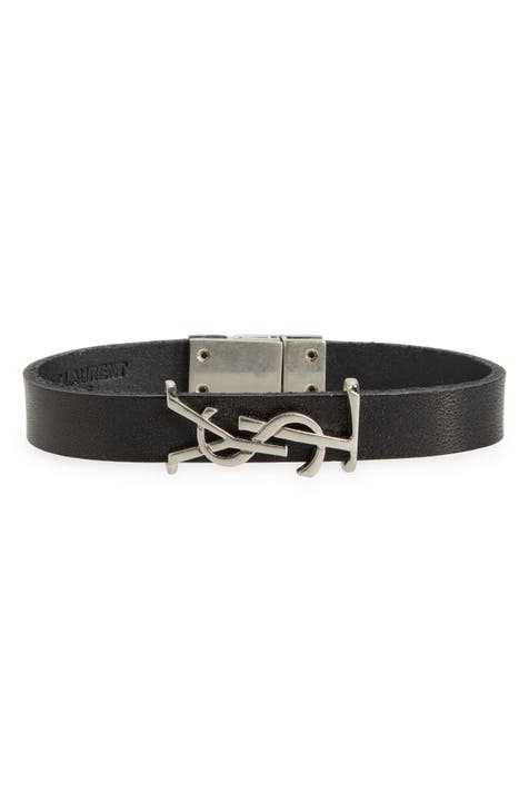 SAINT LAURENT: leather bracelet with applied monogram - Black