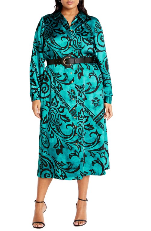 Shop City Chic Sienna Paisley Print Long Sleeve Shirtdress In Peacock Paisley