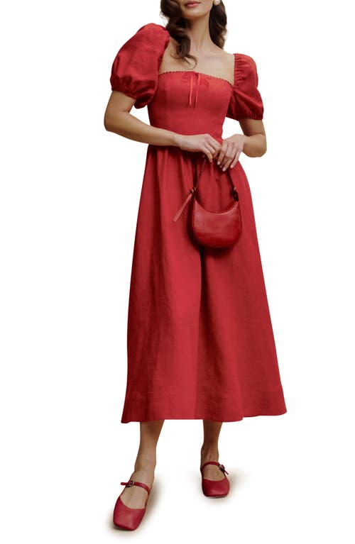 Reformation Marella Puff Sleeve Linen Dress Cherry at Nordstrom,
