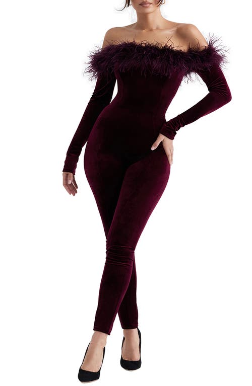 HOUSE OF CB Salima Feather Trim Off the Shoulder Long Sleeve Velvet Jumpsuit Brown Cherry at Nordstrom,
