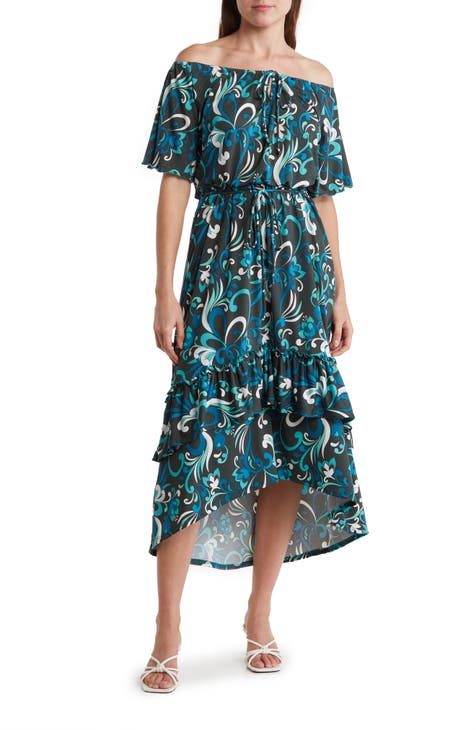 Off-Shoulder Floral Print Tiered Midi Dress