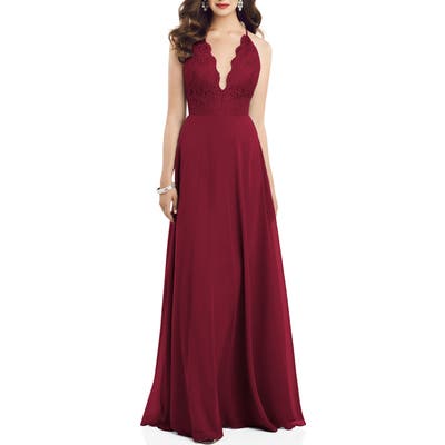 Dessy Collection Plunge Neck Lace & Chiffon Gown, Burgundy