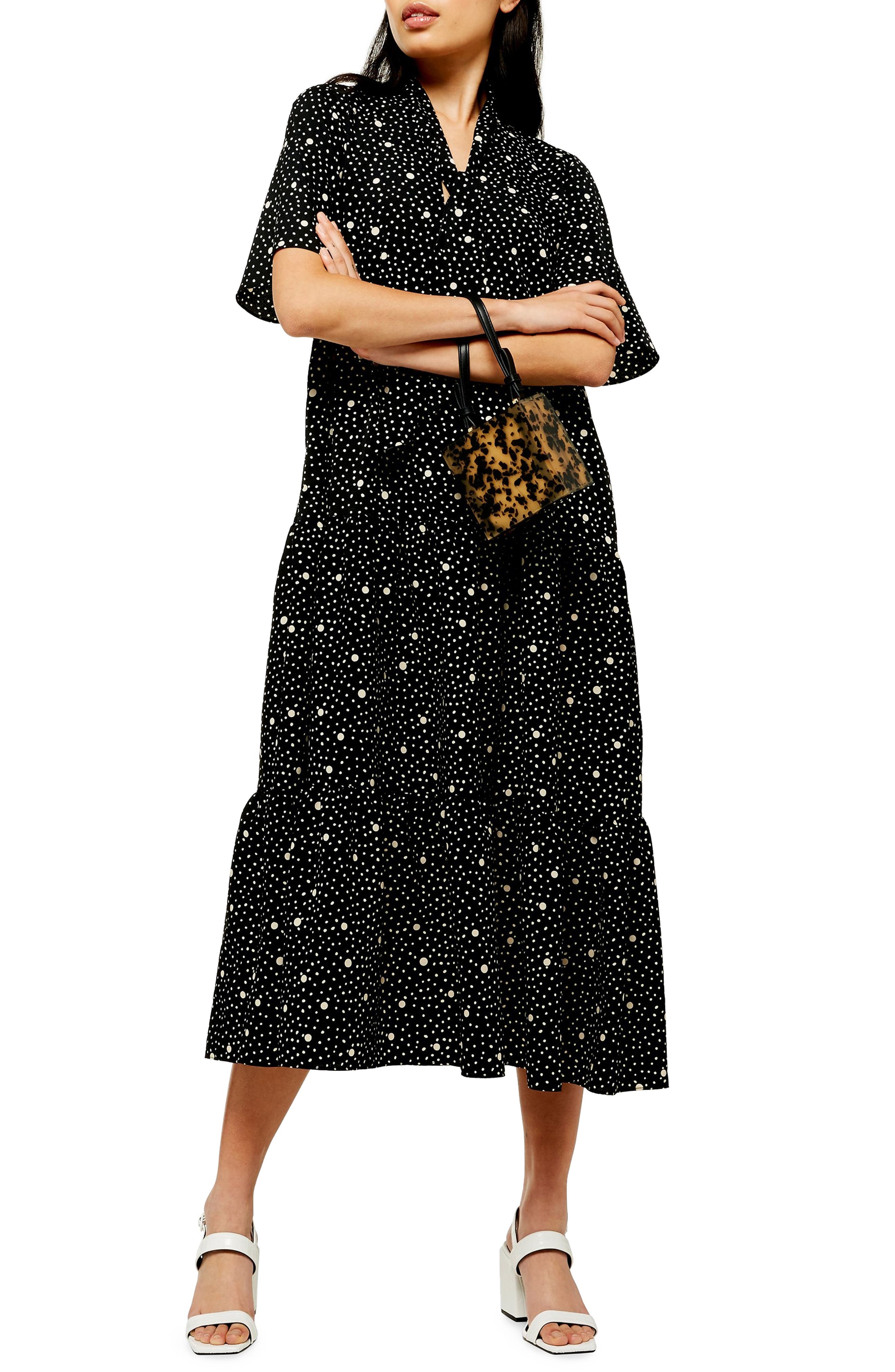 Topshop Spot Print Tie Neck Midi Dress, US (fits like 0-2) - Black