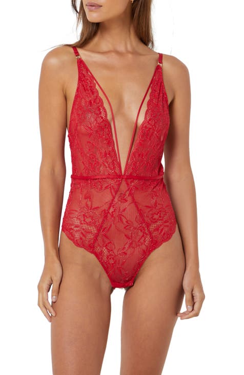 Women's Lingerie, Sleep & Lounge Bra Set Teddy Bodysuit Solid Red M 
