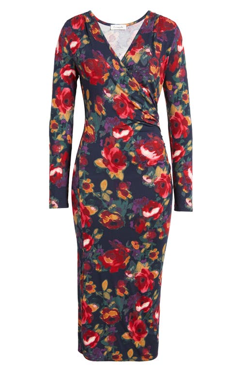 Shop Loveappella Floral Long Sleeve Faux Wrap Midi Dress In Blue Multi