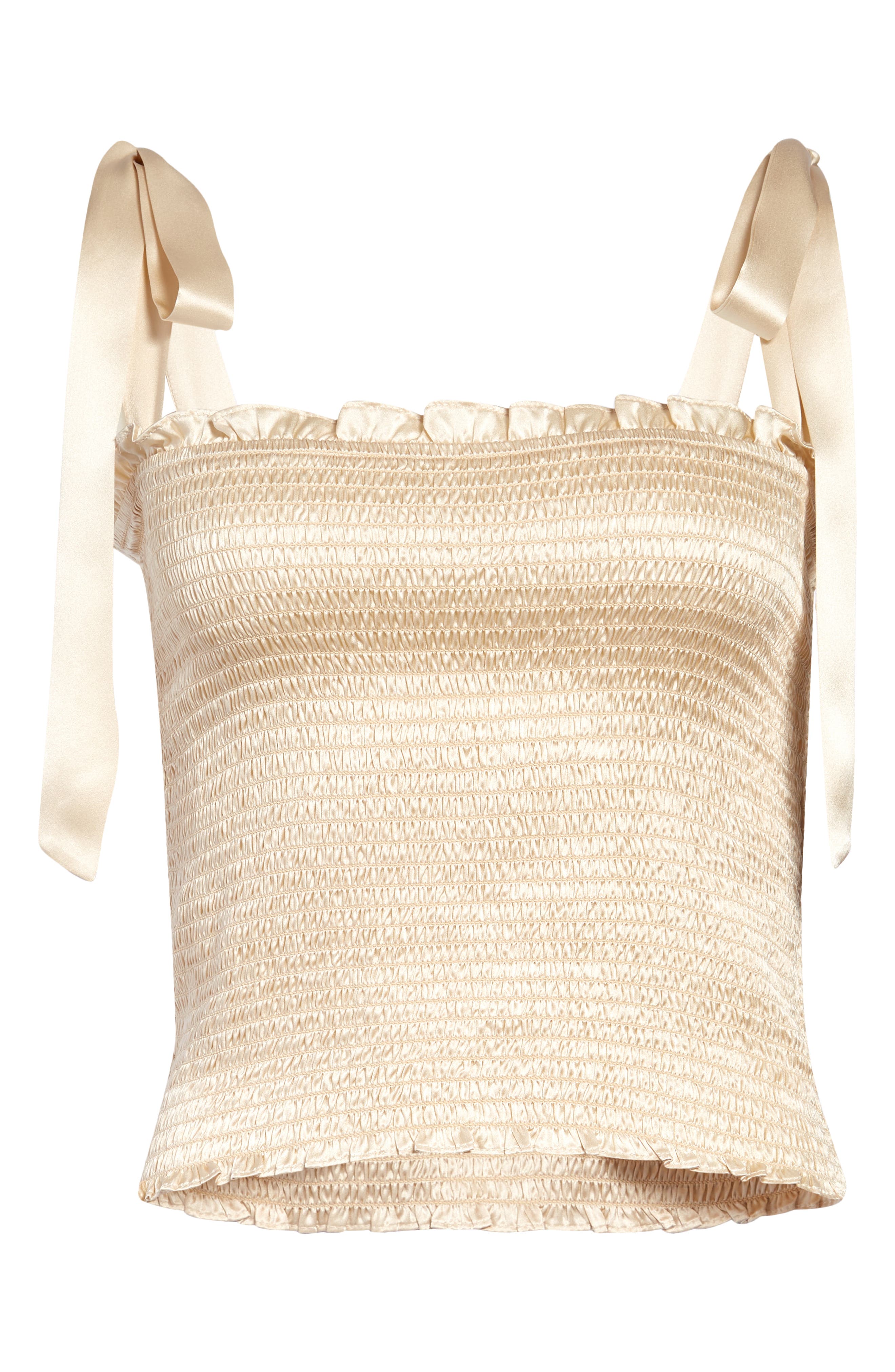 Reformation Pina Smocked Tie Shoulder Silk Top in Almond at Nordstrom, Size X-Small