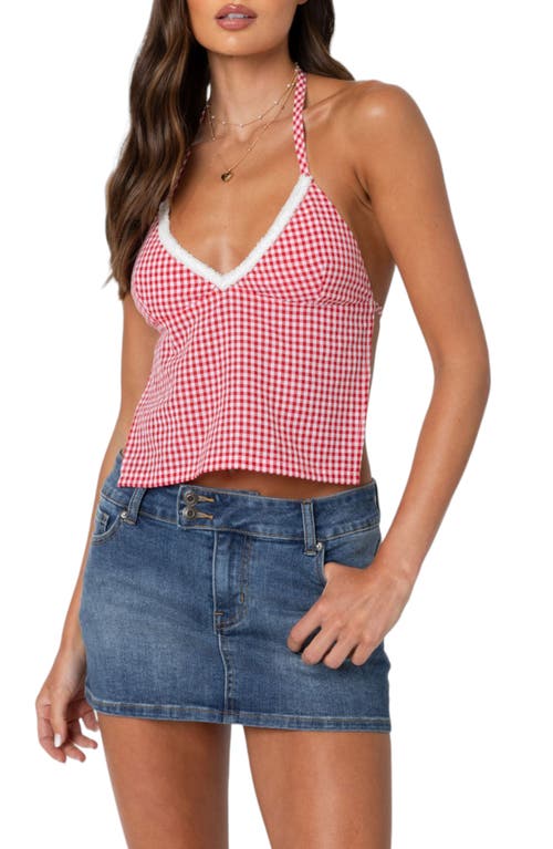 EDIKTED Charmaine Gingham Open Back Halter Top Red at Nordstrom,