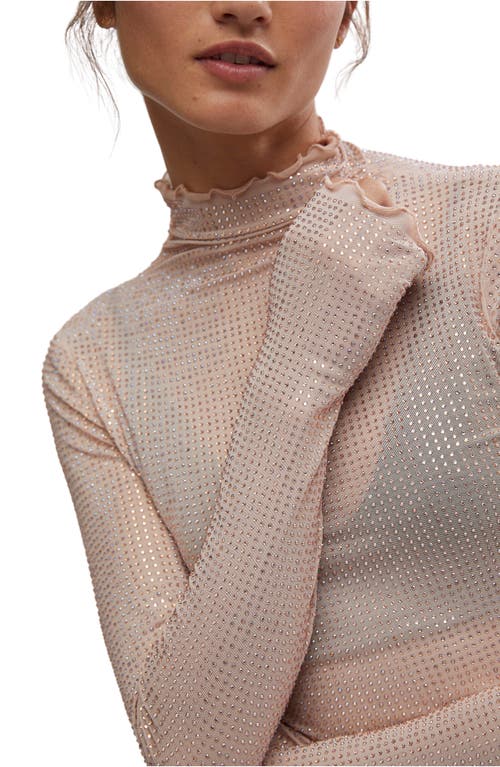 Shop Free People Dance All Night Crystal Embellished Sheer Long Sleeve Top In Peach