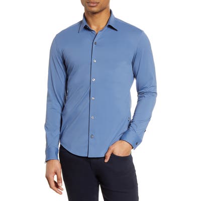 Boss Robbie Solid Slim Fit Performance Button-Up Shirt, Blue