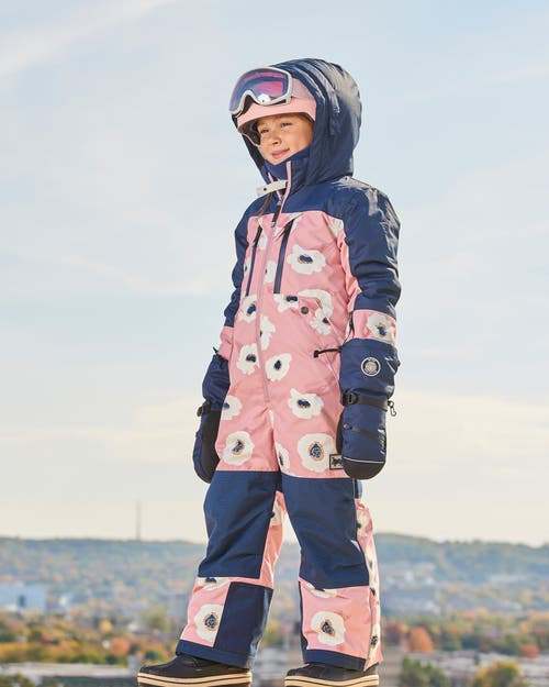 DEUX PAR DEUX DEUX PAR DEUX BIG GIRL'S ONE PIECE TECHNICAL SNOWSUIT PINK PRINTED OFF WHITE FLOWERS 