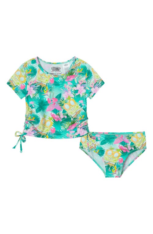 Andy & Evan Kids' Pineapple Palm Rib Two-Piece Rashguard Swimsuit in Green 