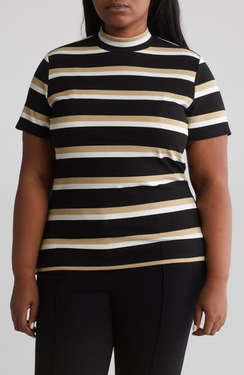 Shop Sanctuary Essential Stripe Mock Neck T-shirt In Black/milk/tan