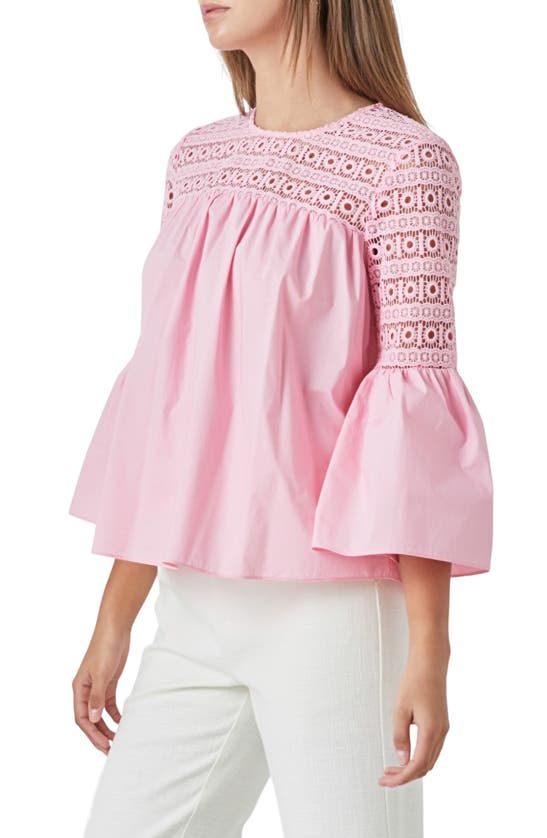 Shop Endless Rose Bell Sleeve Lace Poplin Blouse In Pink