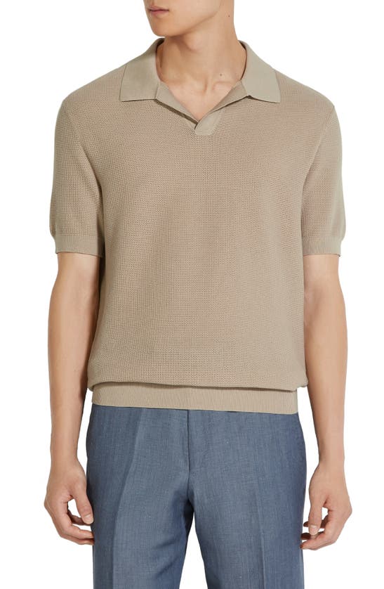 Shop Zegna Waffle Knit Premium Cotton Polo Sweater In Iuta Beige