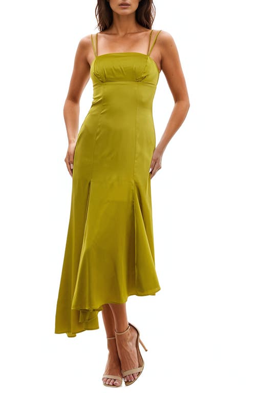 Shop Socialite Asymmetric Hem Satin Dress In Golden Chartreuse