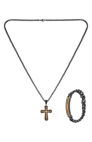 American Exchange Goldtone Plated Stainless Steel Diamond Cross Necklace & Bracelet 2-piece Set In Black