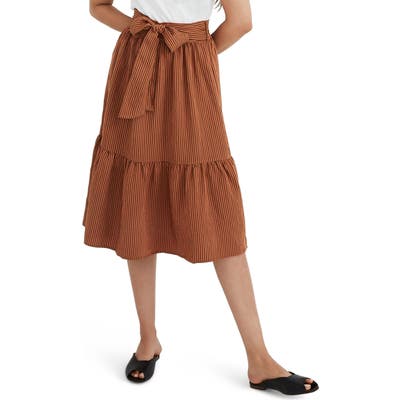 Madewell Tie-Waist Stripe Tiered Midi Skirt, Green
