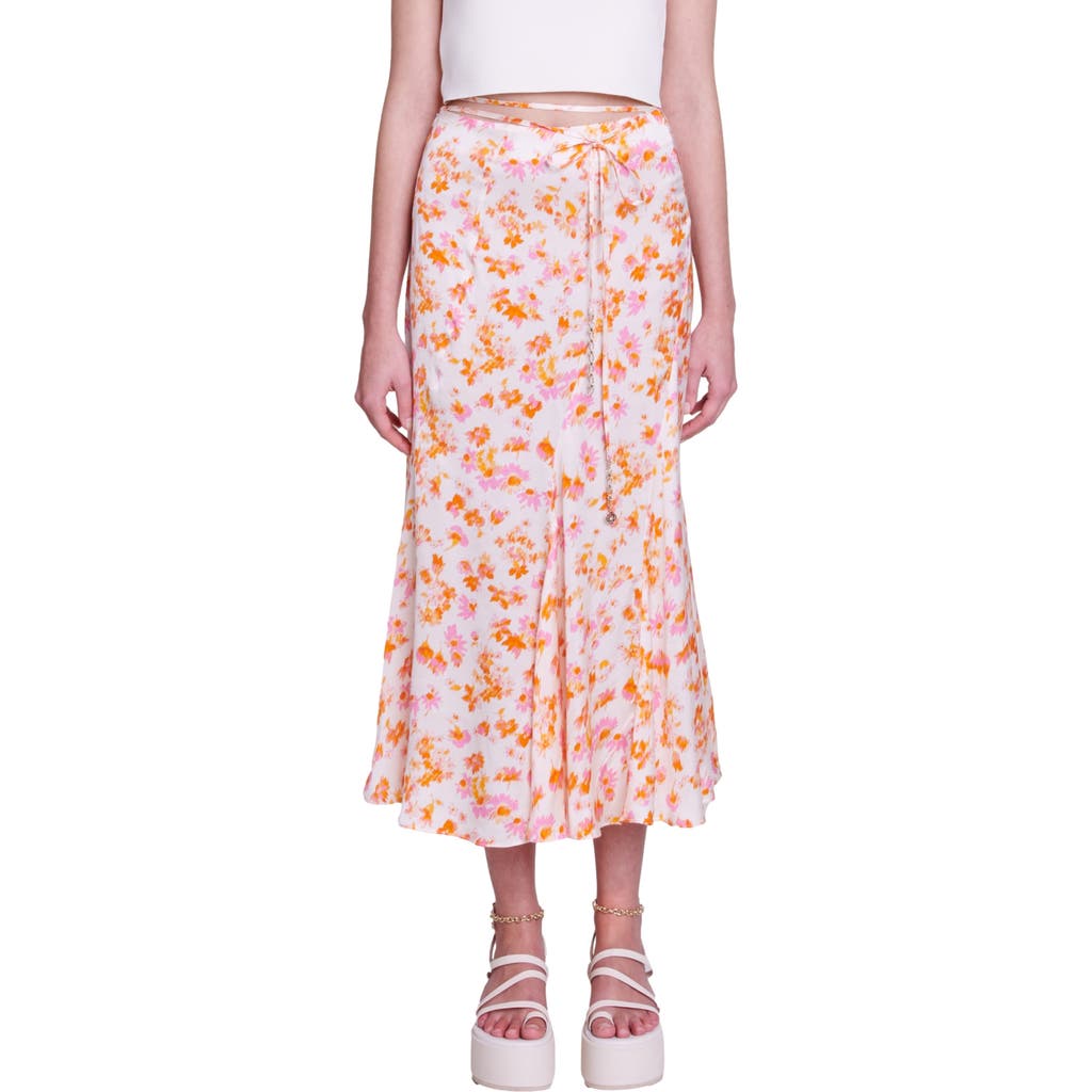 Maje Jispring Faux Wrap Midi Skirt In Sping Orange Flower Print