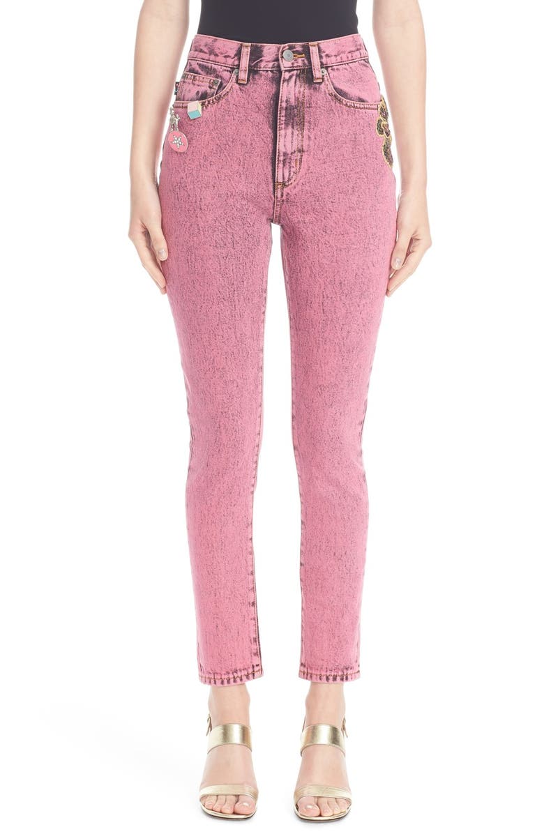 MARC JACOBS Overdyed Bleach Crop Jeans, Main, color, BRIGHT PINK