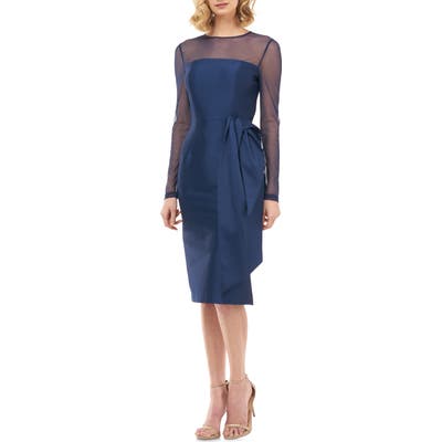 Kay Unger Illusion Neck Long Sleeve Mikado Cocktail Dress, Blue
