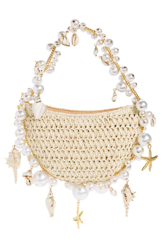 Shop L'alingi Cluster Shell Imitation Pearl Raffia Shoulder Bag In Beige