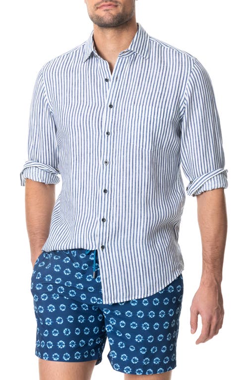 Port Charles Stripe Linen Button-Up Shirt in Deep Ocean