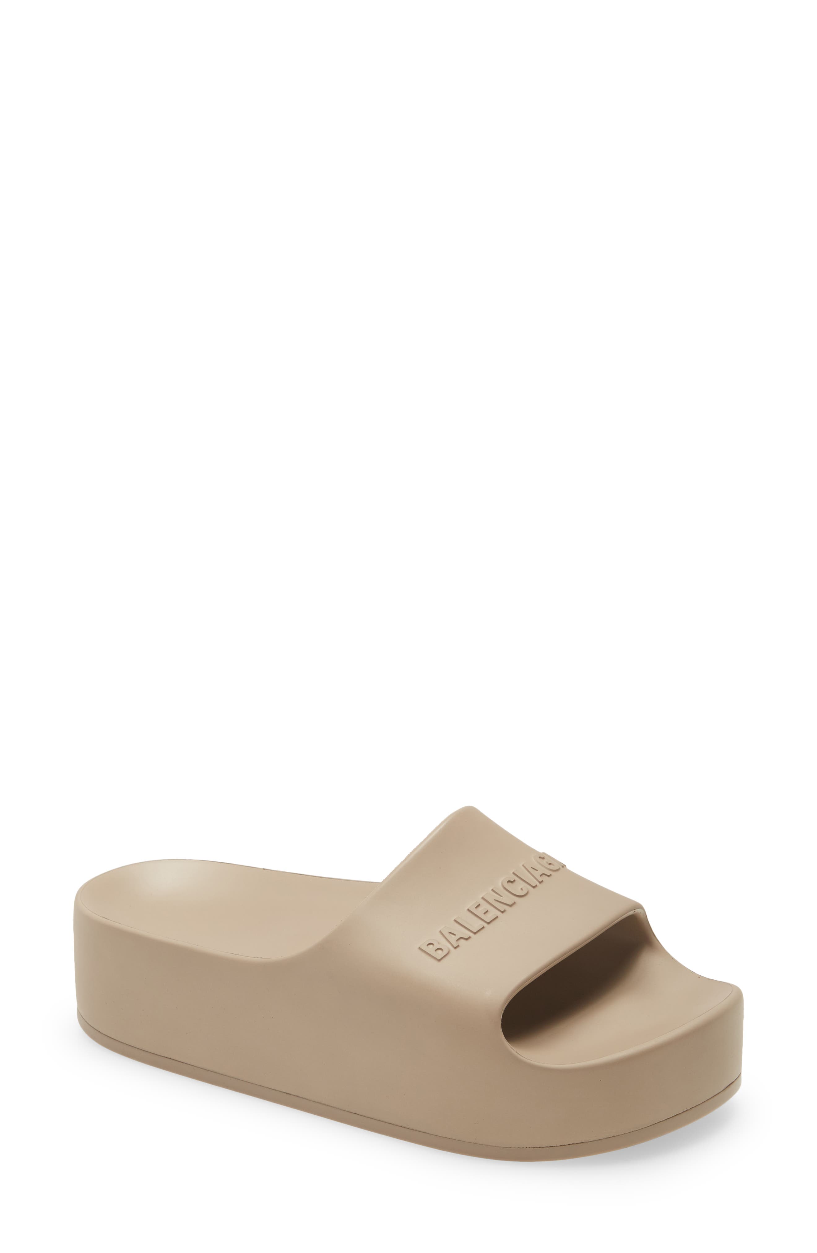 Balenciaga Logo Platform Slide Sandal in Taupe
