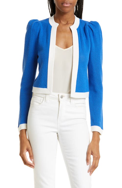 Alice + Olivia Trina Cotton & Wool Open Front Crop Cardigan in Sapphire/Soft White