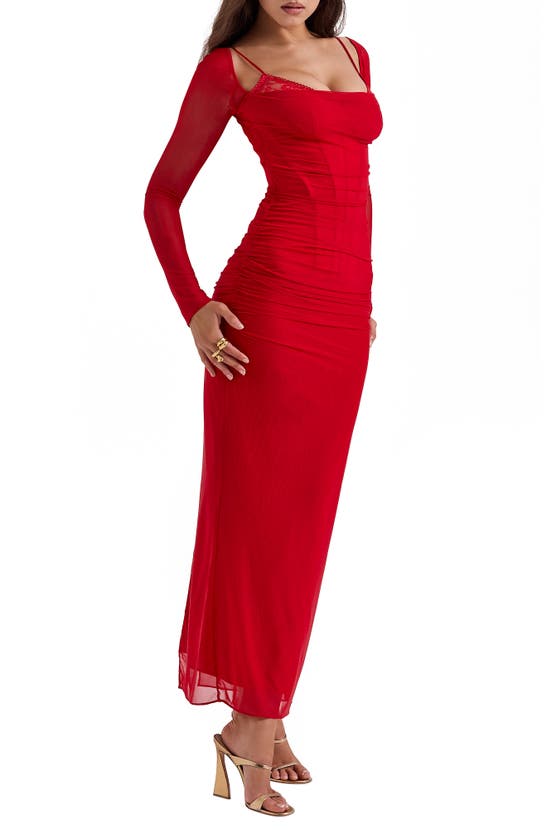 Shop House Of Cb Katrina Lace Mesh Long Sleeve Gown In Red
