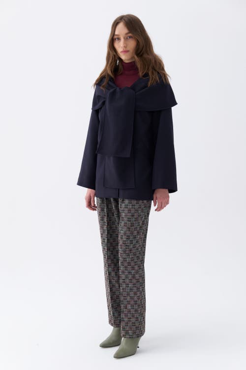 Nocturne Draped Coat With Front Tie Detail In Navy Blue