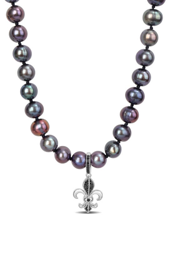 Delmar Cultured Freshwater Pearl & Black Diamond Fleur De Lis Pendant Necklace
