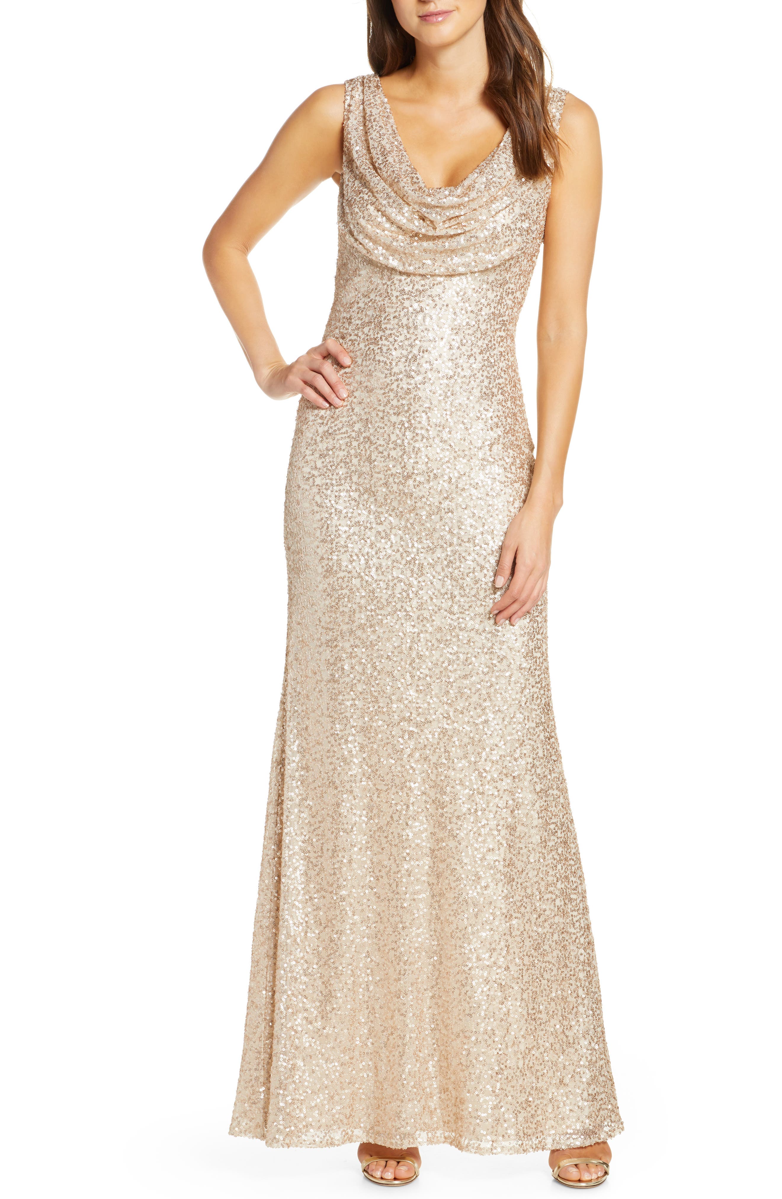 Vince Camuto Cowl Neck Sequin Gown, Beige