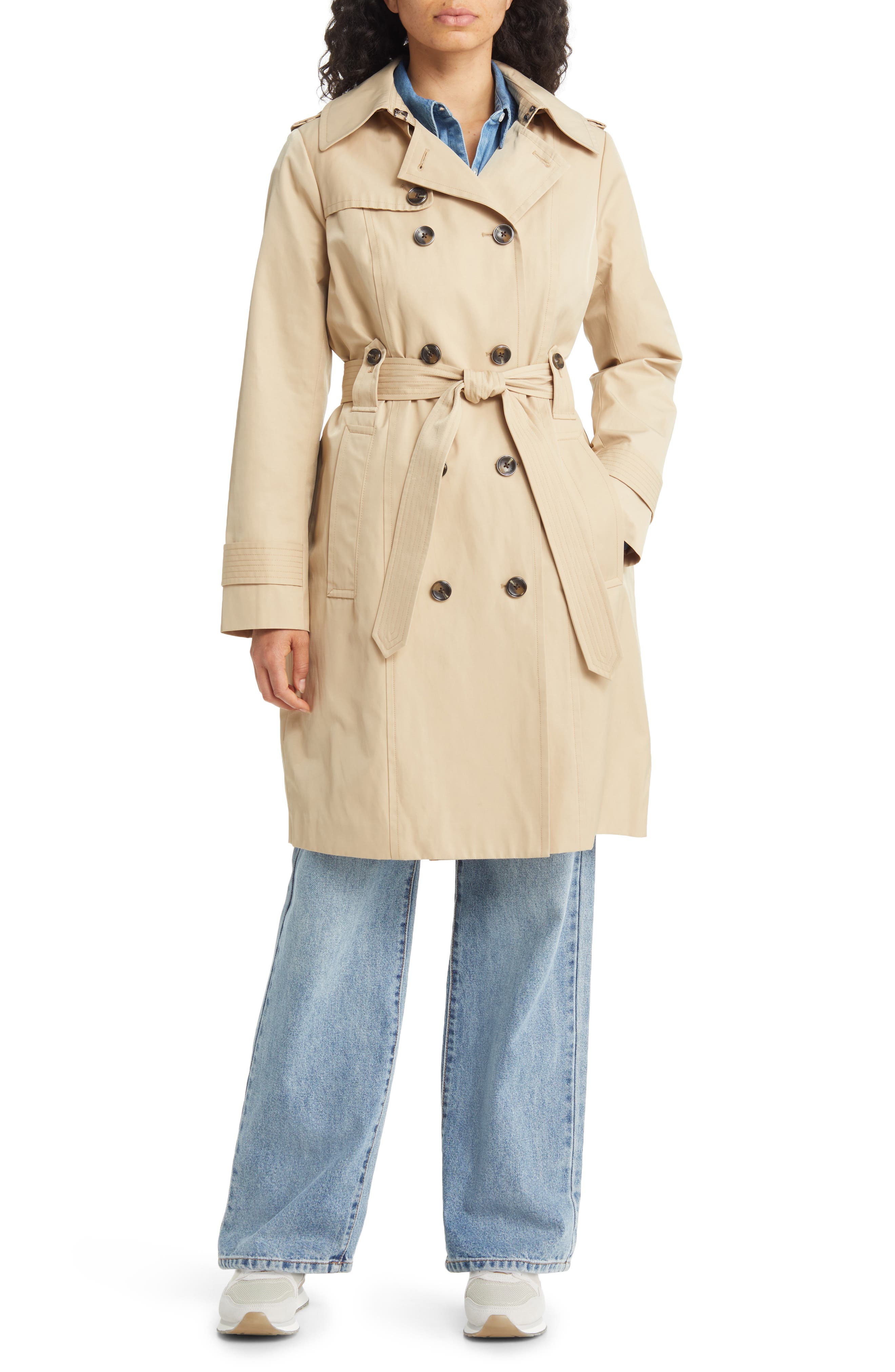 London Fog Belted Water Repellent Trench Coat with Removable Hood in Stone Smart Closet