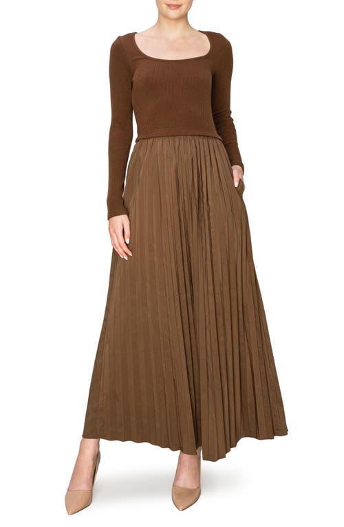 Shop Melloday Mixed Media Long Sleeve Dress In Brown