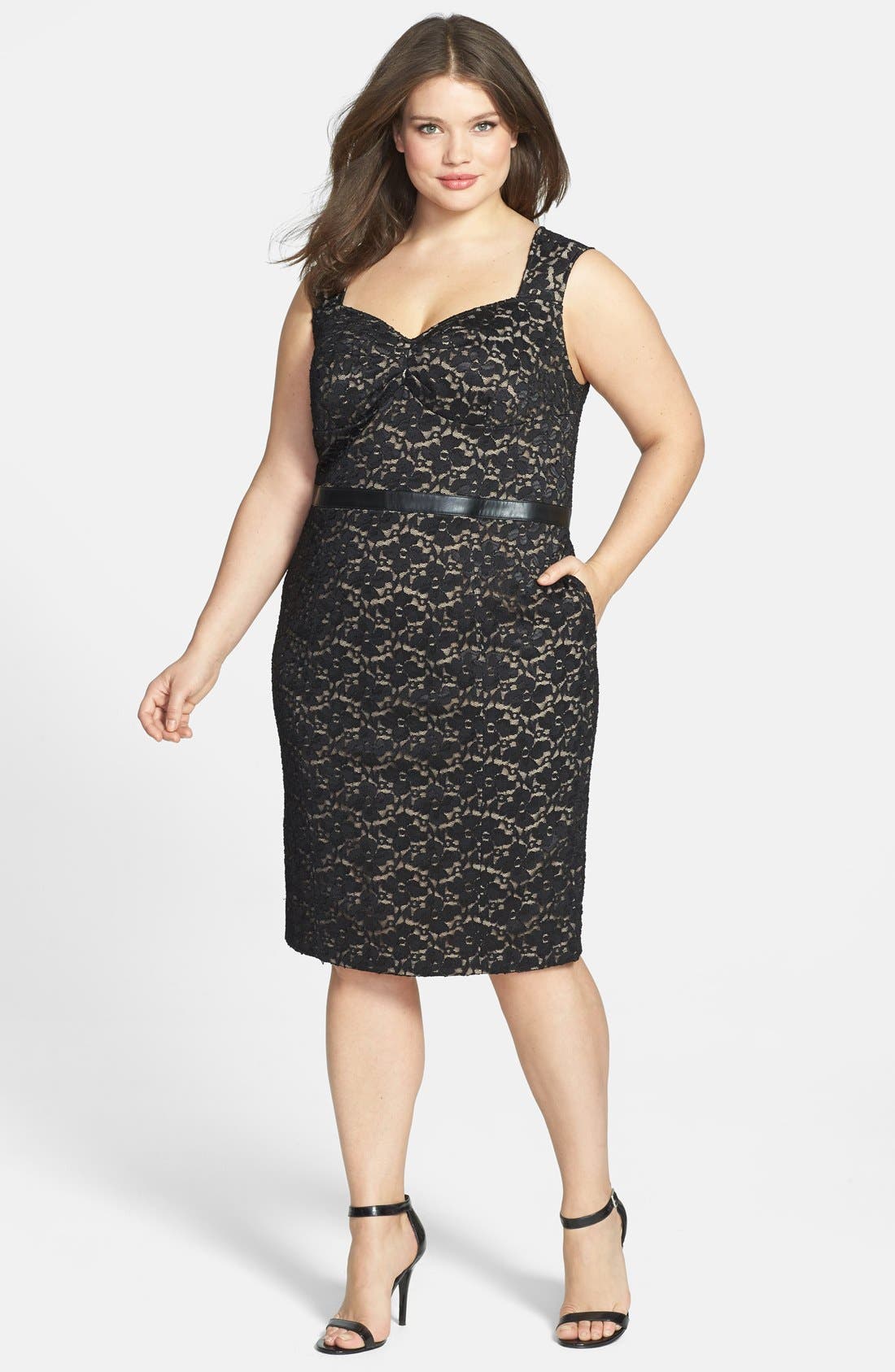 ABS by Allen Schwartz Leather Waist Lace Sheath Dress (Plus Size