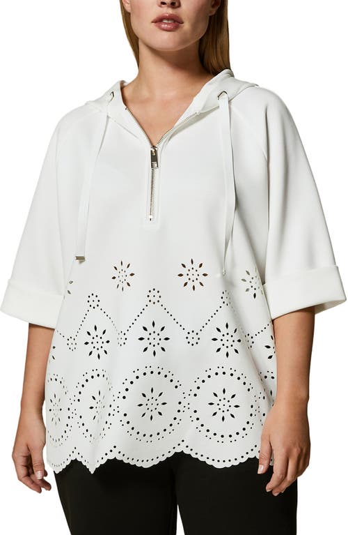 Marina Rinaldi Embroidered Scuba Jersey Hooded Sweatshirt in White