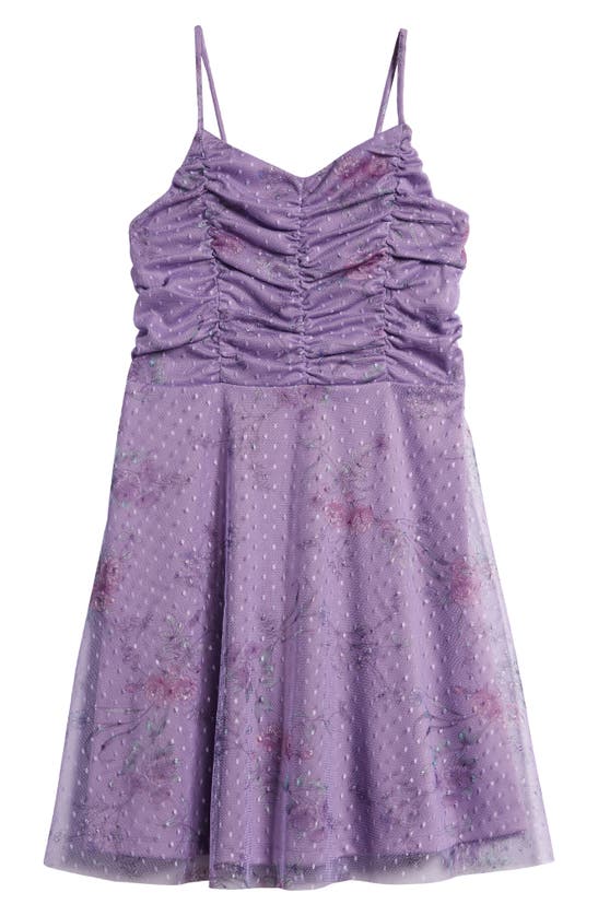 Ava & Yelly Kids' Floral Print Swiss Dot Mesh Dress In Lilac