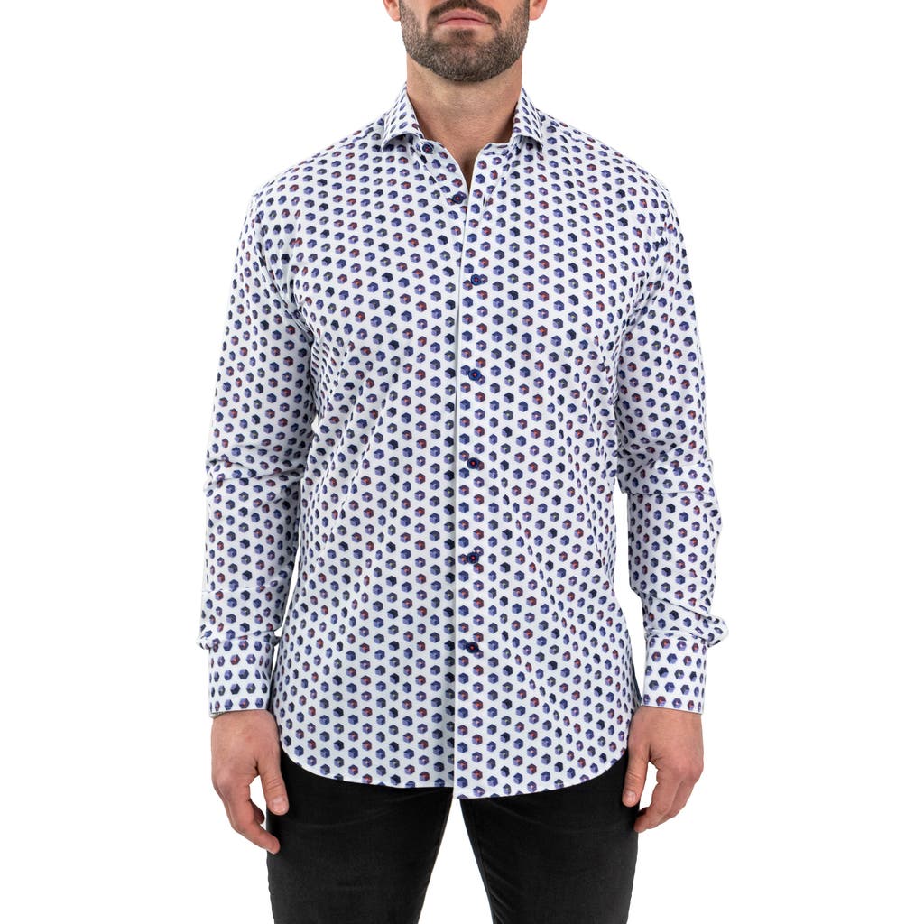 Maceoo Einstein Cuboid Print Stretch Button-up Shirt In White