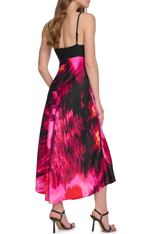 Shop Dkny Mixed Media Satin Back Crepe Midi Dress In Black/shocking Pink Multi