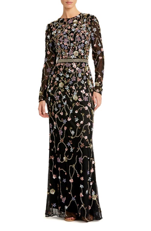 Mac Duggal Embellished Long Sleeve Mesh Gown Black Multi at Nordstrom,